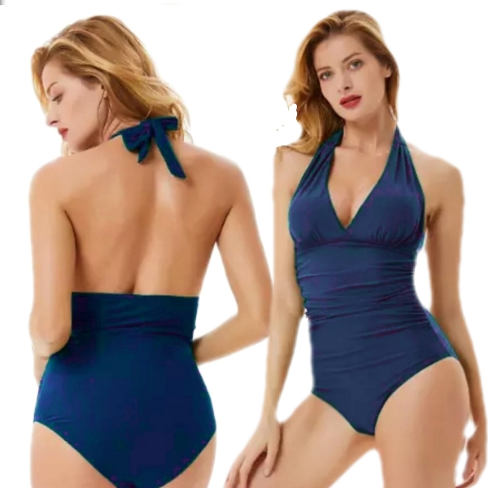 Zexxxy Womens S One Piece Teal Tummy Control Halter High Waisted Suit NWT